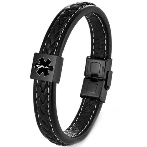 ***COI Black Titanium Medical Alert Genuine Leather Bracelet With Steel Clasp(Length: 9.06 inches)-01197BB