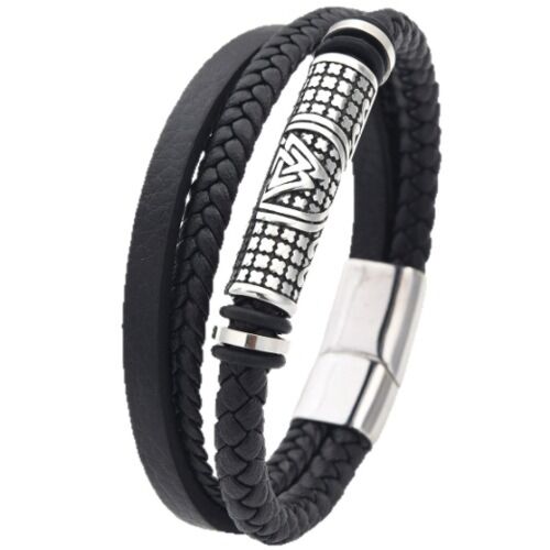 ***COI Titanium Black Silver Trinity Knots Genuine Leather Bracelet With Steel Clasp(Length: 8.27 inches)-01198BB
