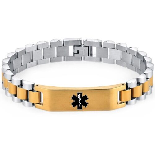 ***COI Titanium Black/Gold Tone/Silver/Gold Tone Silver/Black Silver Medical Alert Bracelet With Steel Clasp(Length: 8.27 inches)-01210BB