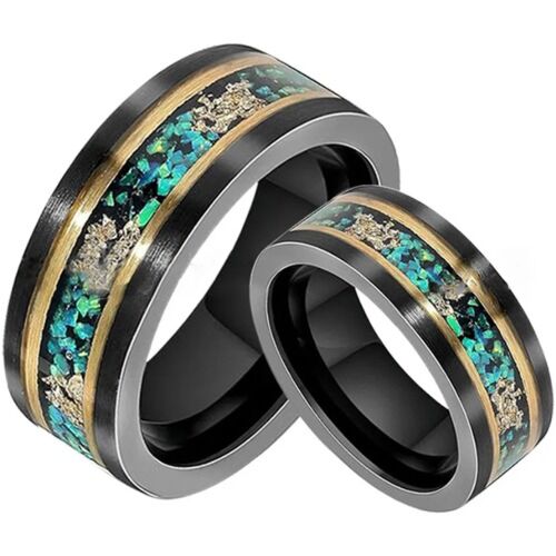 ***COI Titanium Black Gold Tone Double Grooves Ring With Crushed Opal & Gold Foil-01216BB