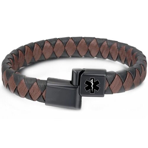 ***COI Black Titanium Medical Alert Genuine Leather Bracelet With Steel Clasp(Length: 8.27 inches)-01225BB