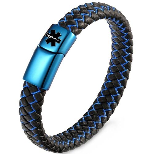 ***COI Blue Titanium Medical Alert Genuine Leather Bracelet With Steel Clasp(Length: 8.27 inches)-01229BB