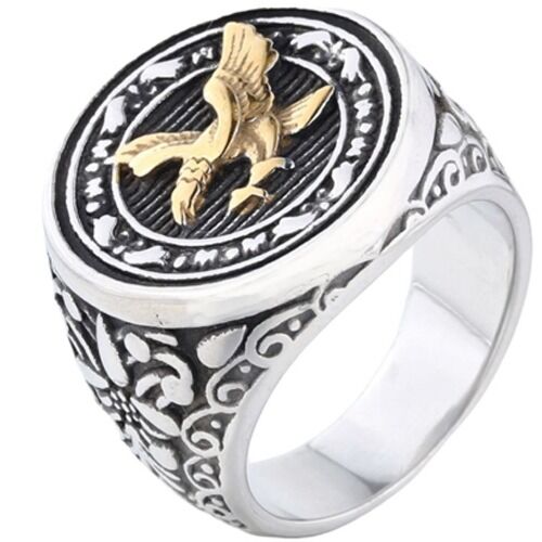 ***COI Titanium Black Gold Tone Silver/Black Silver Eagle Celtic Ring-01231BB
