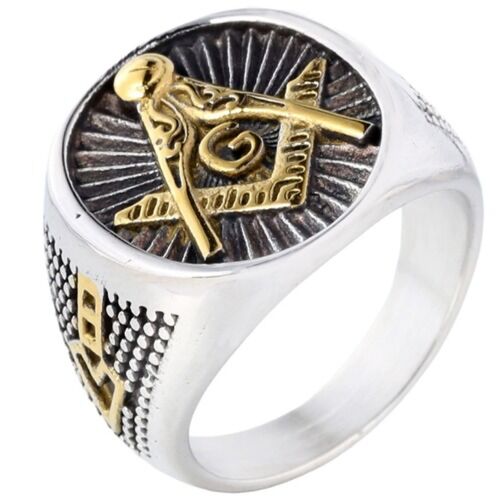 ***COI Titanium Black Gold Tone Silver/Gold Tone Silver Masonic Freemason Ring-01232BB