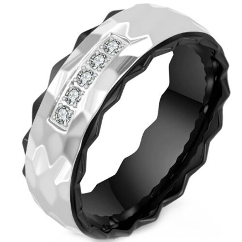 ***COI Titanium Black/Gold Tone Silver Hammered Step Edges Ring With Cubic Zirconia-01238BB
