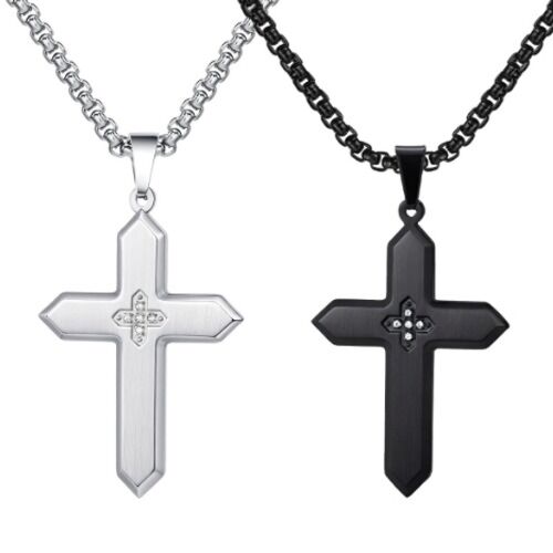 ***COI Titanium Black/Silver Cross Pendant With Cubic Zirconia-01244BB