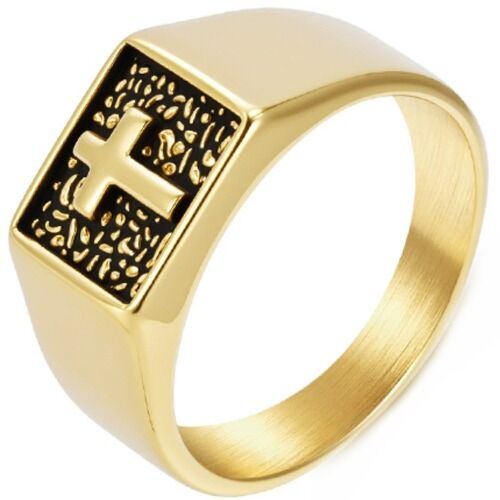 ***COI Titanium Black Gold Tone/Silver Cross Ring-01250BB