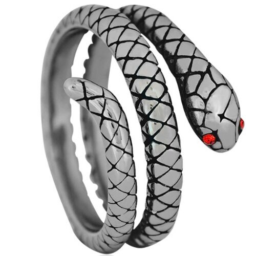 ***COI Titanium Black Silver Snake Ring With Created Red Ruby-01252BB