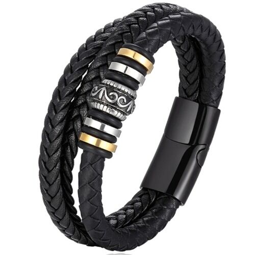 ***COI Titanium Black Gold Tone Silver Celtic Genuine Leather Bracelet With Steel Clasp(Length: 8.27inches)-01258BB