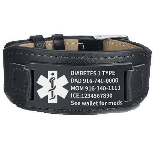 ***COI Titanium Black/Silver Medical Alert Genuine Leather Bracelet With Steel Clasp(Length: 8.27 inches)-01265BB