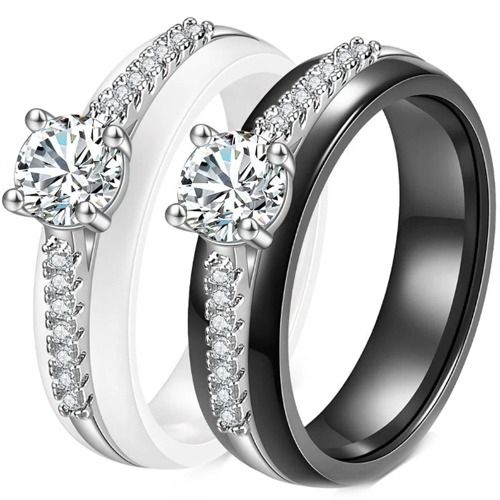 ***COI Titanium Black/White Ceramic Solitaire Ring With Cubic Zirconia-01273BB