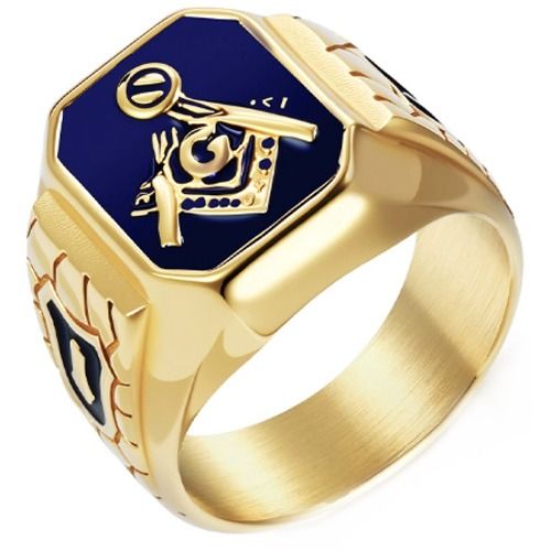 ***COI Titanium Blue Gold Tone/Silver Masonic Freemason Ring-01289BB
