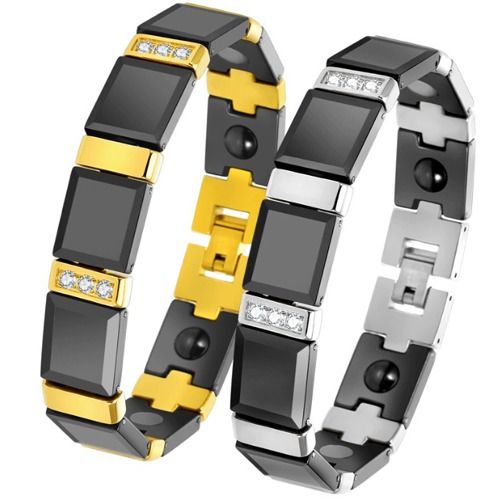 ***COI Titanium Gold Tone/Silver Black Ceramic Cubic Zirconia Bracelet With Steel Clasp(Length: 8.27 inches)-01306BB