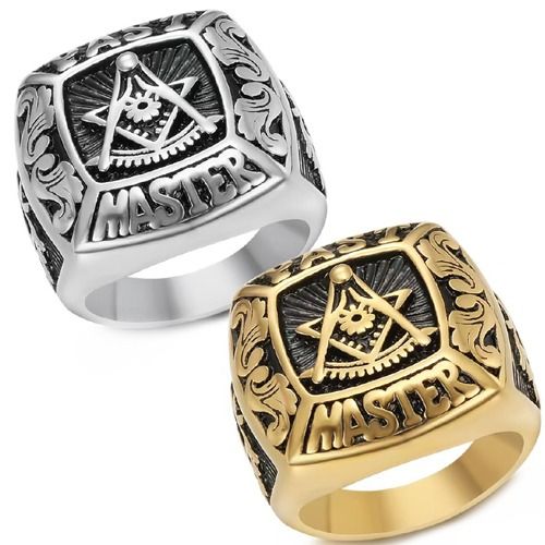 ***COI Titanium Black Gold Tone/Silver Masonic Freemason Ring-01312BB