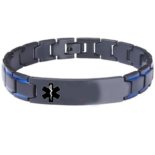 ***COI Titanium Black Blue Medical Alert Bracelet With Steel Clasp(Length: 8.46 inches)-01361BB