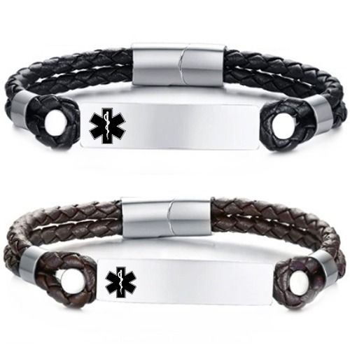 ***COI Titanium Medical Alert Genuine Leather Bracelet With Steel Clasp(Length: 8.46 inches)-01362BB