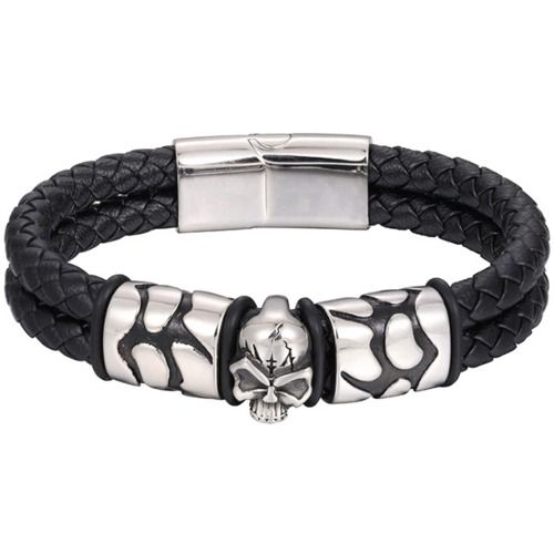 ***COI Titanium Black Silver Skull Genuine Leather Bracelet With Steel Clasp(Length: 8.27 inches)-01391BB