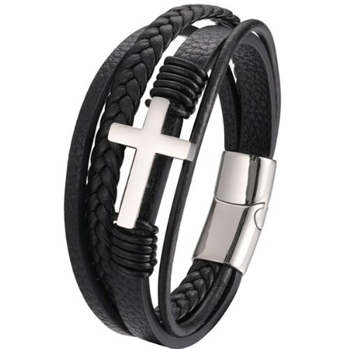 ***COI Titanium Black/Gold Tone/Silver Cross Genuine Leather Bracelet With Steel Clasp(Length: 9.05 inches)-01393BB