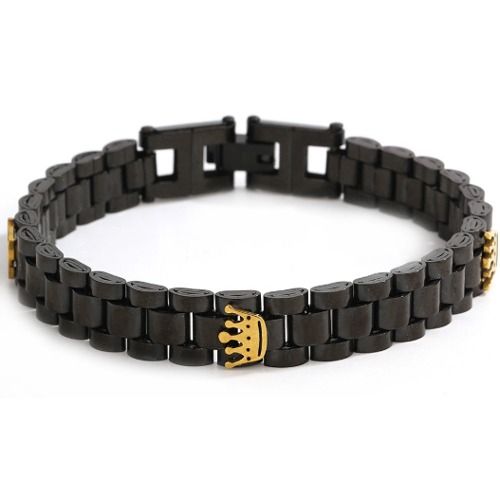 ***COI Titanium Black Gold Tone Crowns Bracelet With Steel Clasp(Length: 8.27 inches)-01408BB