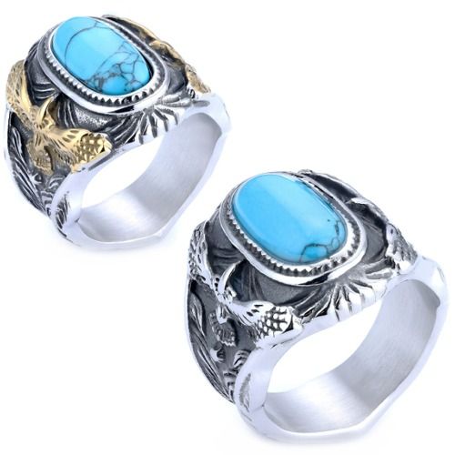 ***COI Titanium Black Silver/Gold Tone Silver Eagle Ring With Turquoise-01423BB