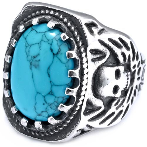 ***COI Titanium Black Silver Skull Ring With Turquoise-01426BB