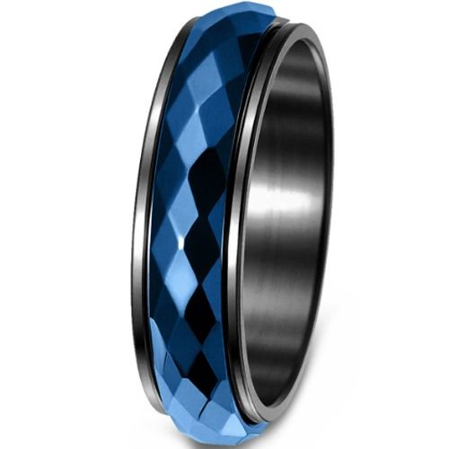 ***COI Titanium Black Blue Faceted Rotating Ring-01427BB