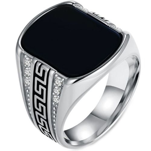 ***COI Titanium Black/Gold Tone/Silver Greek Key Black Onyx Ring With Cubic Zirconia-01431BB