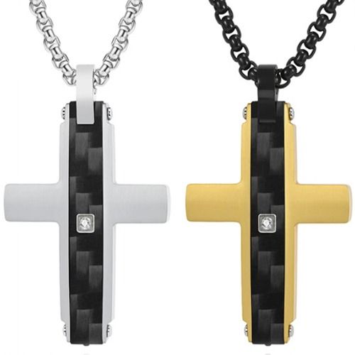 ***COI Titanium Gold Tone/Silver Cross Pendant With Carbon Fiber & Cubic Zirconia-01433BB