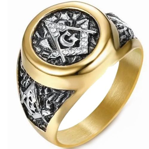 ***COI Titanium Black Gold Tone Silver Masonic Freemason Ring With Cubic Zirconia-01454BB