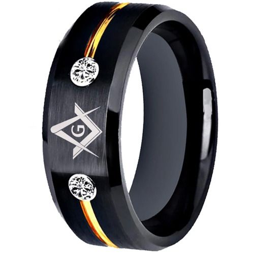 ***COI Titanium Black Gold Tone Masonic Freemason Ring With Cubic Zirconia-01457BB