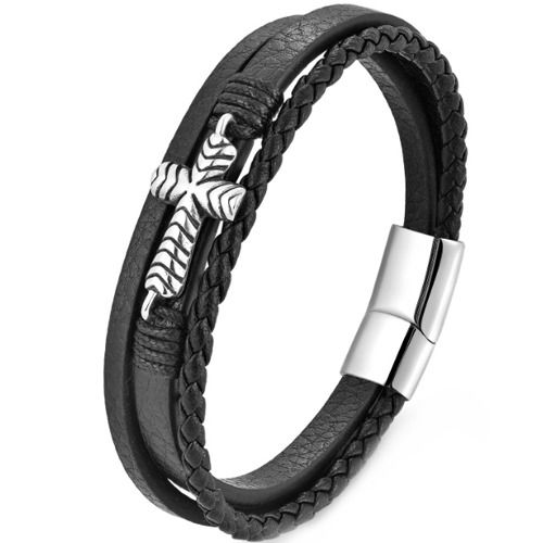 ***COI Titanium Black Silver Cross Genuine Leather Bracelet With Steel Clasp(Length: 8.27 inches)-01463BB
