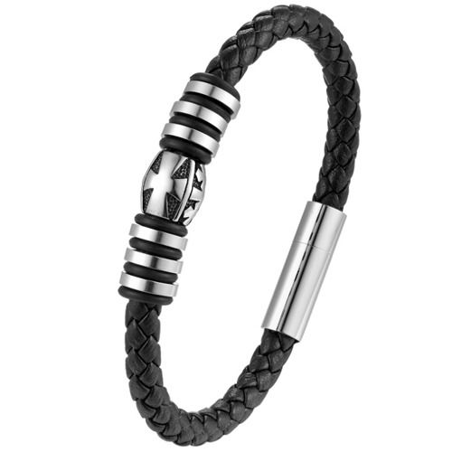***COI Titanium Black Silver Cross Genuine Leather Bracelet With Steel Clasp(Length: 8.27 inches)-01464BB