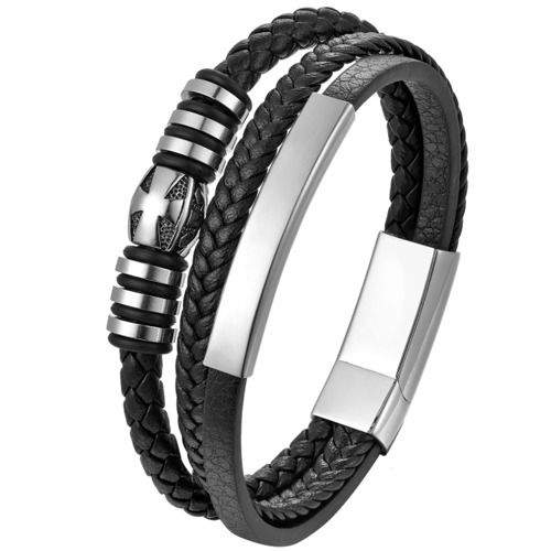 ***COI Titanium Black Silver Cross Genuine Leather Bracelet With Steel Clasp(Length: 8.27 inches)-01465BB