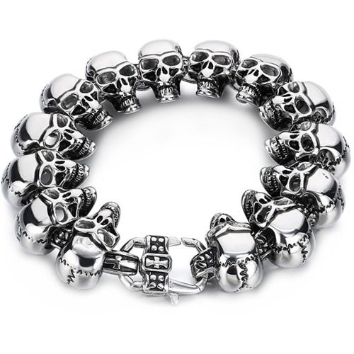 ***COI Titanium Black/Gold Tone/Silver Skull Bracelet With Steel Clasp(Length: 8.66 inches)-01490BB