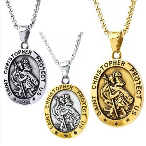 ***COI Titanium Silver/Gold Tone/Gold Tone Silver Saint Christopher Protect Us Pendant-01503BB
