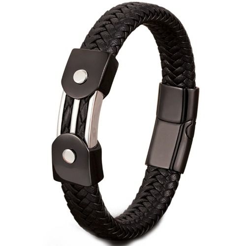 ***COI Titanium Black Silver Genuine Leather Bracelet With Steel Clasp(Length: 8.27 inches)-01525BB