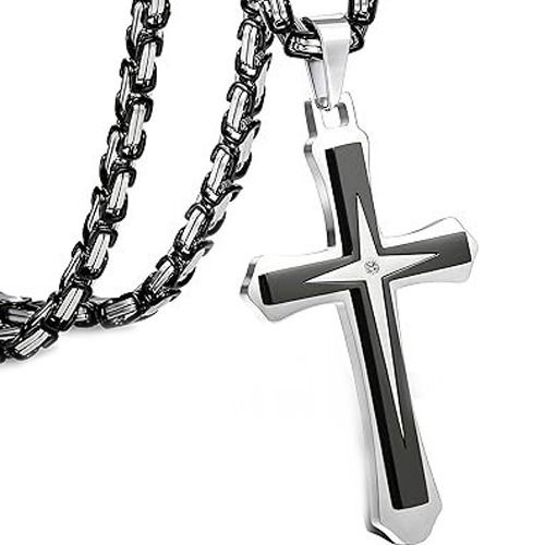 ***COI Titanium Black/Gold Tone Silver Cross Pendant With Cubic Zirconia-01537BB