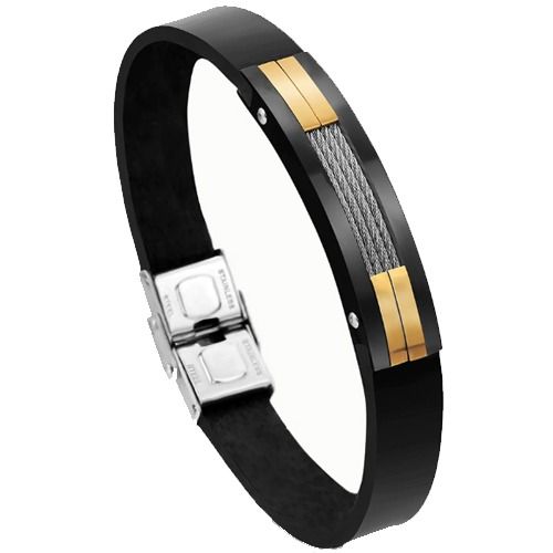 ***COI Titanium Black Gold Tone Wire Rubber Bracelet With Steel Clasp(Length: 8.27 inches)-01551BB