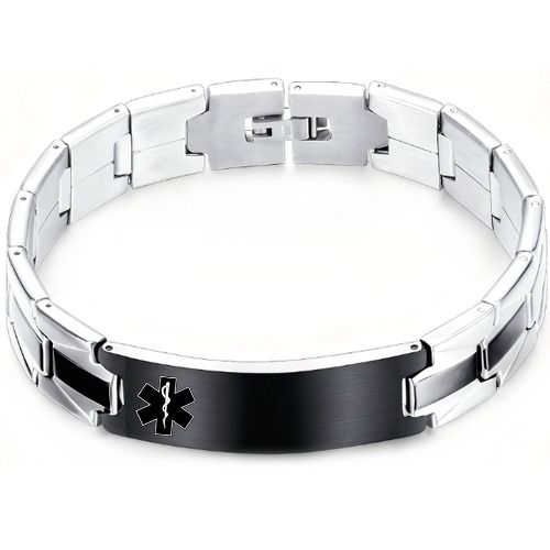 ***COI Titanium Black Silver Medical Alert Bracelet With Steel Clasp(Length: 7.87 inches)-01554BB
