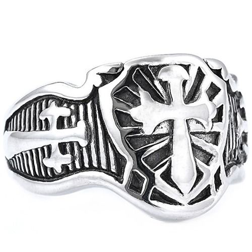 ***COI Titanium Black Gold Tone Silver/Silver Cross Ring-01555BB