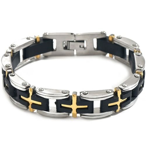 ***COI Titanium Black Gold Tone Silver Cross Bracelet With Steel Clasp(Length: 8.46 inches)-01568BB
