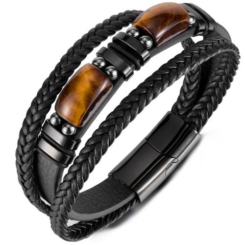 ***COI Black Titanium Tiger Eye Genuine Leather Bracelet With Steel Clasp(Length: 8.46 inches)-01572BB