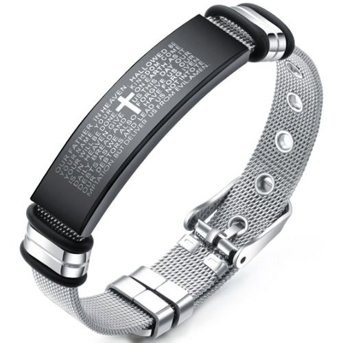 ***COI Titanium Black Silver Cross Prayer Bracelet With Steel Clasp(Length: 8.27 inches)-01574BB
