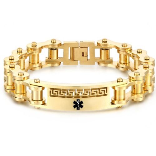 ***COI Gold Tone Titanium Greek Key Pattern Medical Alert Bracelet With Steel Clasp(Length: 9.07 inches)-01593BB