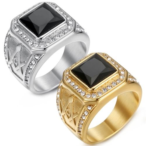 ***COI Titanium Gold Tone/Silver Masonic Freemason Ring With Black Onyx-01602BB