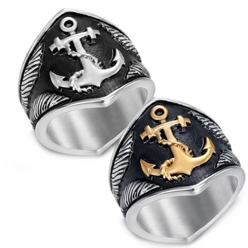 ***COI Titanium Black Silver/Black Gold Tone Silver Anchor Ring-01603BB