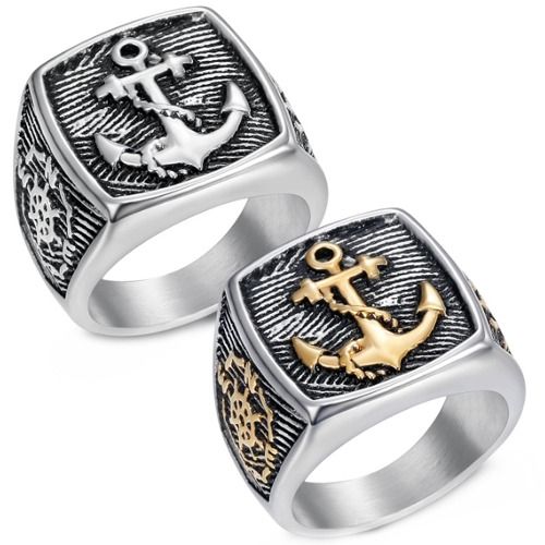 ***COI Titanium Black Silver/Black Gold Tone Silver Anchor Ring-01604BB