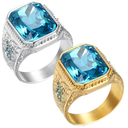 ***COI Titanium Gold Tone/Silver Ring With Blue Topaz-01606BB
