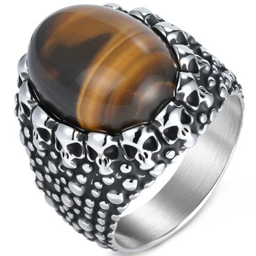***COI Titanium Black Silver Skull Ring With Tiger Eye or Black Onyx-01609BB