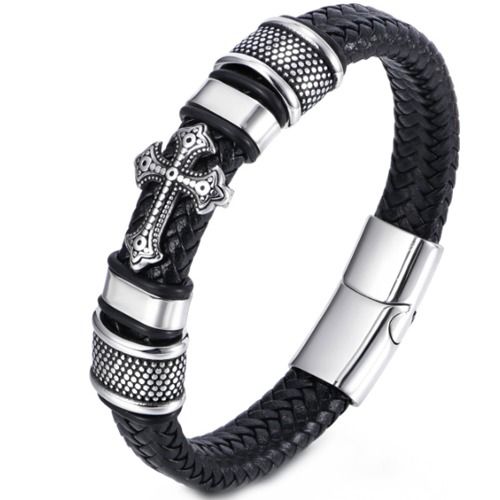 ***COI Titanium Black Silver Cross Genuine Leather Bracelet With Steel Clasp(Length: 8.27 inches)-01612BB
